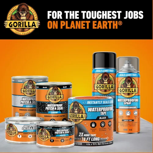 Miniatura 8 de Cinta adhesiva Gorilla impermeable para parchar y sellar, cinta negra, 4 pulgadas x 10 pies (paquete de 1) - Sello permanente resistente al clima