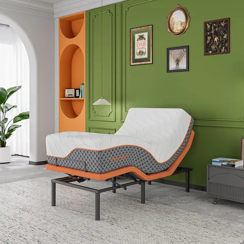 ESHINE Base de cama ajustable individual XL con colchón híbrido de 14" | Inclinación de almohada, control por aplicación inteligente, gravedad cero,