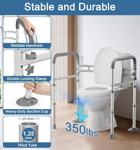 Miniatura 2 de Rieles de seguridad para inodoro para personas mayores (350 libras), marco de seguridad ajustable para personas mayores y discapacitadas, riel