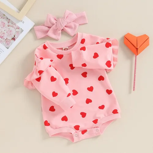 Miniatura 112 de SOLILOQUY Traje de manga larga con cuello redondo para el primer día de San Valentín para bebé niño y niña, mameluco de corazón de amor