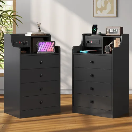 Miniatura 8 de ADORNEVE Mesita de noche grande con estación de carga, mesita de noche negra para dormitorio, mesa auxiliar alta con aparador y 4 cajones, mesa