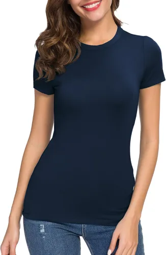 Miniatura 4 de Camiseta entallada de mujer con cuello redondo y manga corta, prenda básica elástica y ajustada.