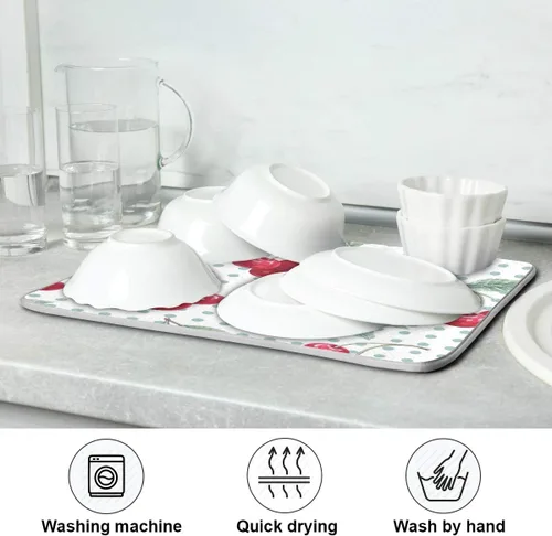 Miniatura 7 de Tapete de secado de platos con diseño de lunares de cereza y acuarela, para encimeras de cocina, fregaderos, tapete de secado absorbente resistente
