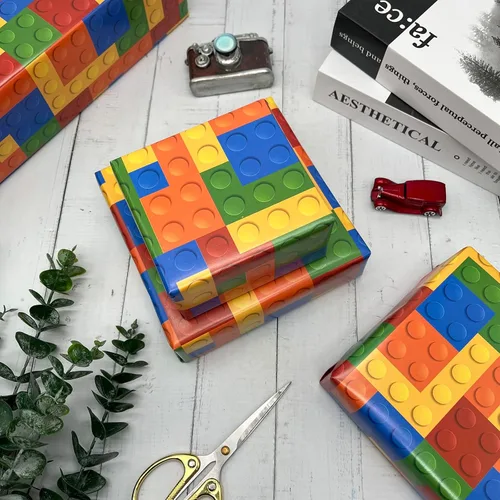 Miniatura 7 de Dtiafu Papel de regalo de bloques de construcción, bonito papel de regalo de cumpleaños para niños y niñas, 20 x 28 pulgadas por hoja (6 hojas)