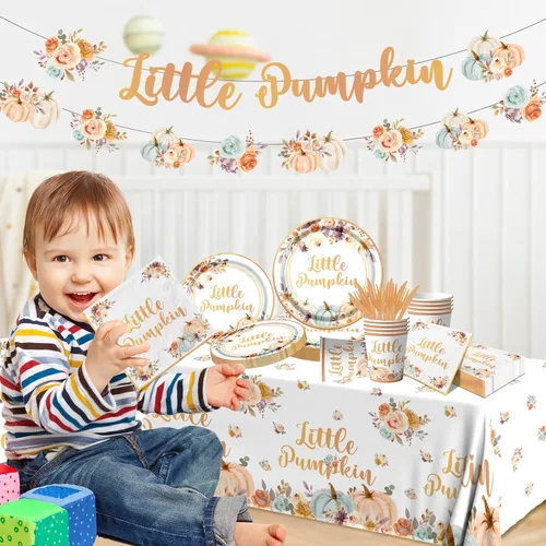 Miniatura 2 de Decoraciones de fiesta de calabaza: 142 platos y servilletas de Acción de Gracias, kit de vajilla de calabaza pequeña, hojas de arce