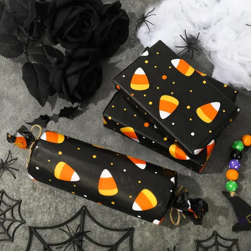 Miniatura 4 de Whaline 100 piezas de papel de seda de maíz de caramelo, papel de regalo temático de Halloween, papel de embalaje colorido, papel de manualidades