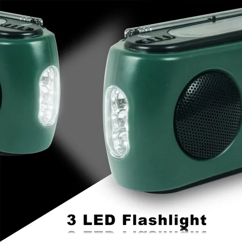 Miniatura 3 de Radio de emergencia, color verde Cargador solar y de manivela, linterna de 3 LED, banco de energía de 500 mAh, radio FM/AM, cargador de teléfono