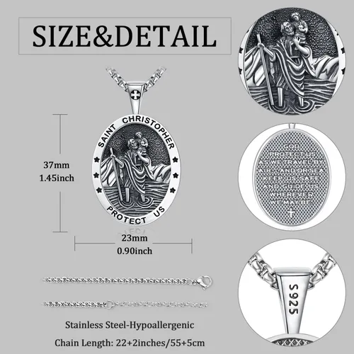 Miniatura 267 de Odinstone Collar de plata de ley 925 con medalla de San Miguel/San Cristóbal/San Benito/Crucifijo de Jesús/San Uriel/Arcángel Rafael para hombres