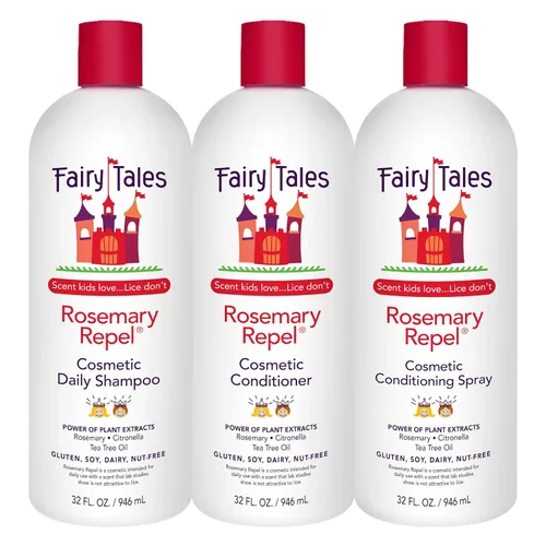 Fairy Tales Romero Repel Daily Kids Champú, acondicionador y acondicionador Spray Recambio Trio – A los niños les gusta el olor, los piojos no