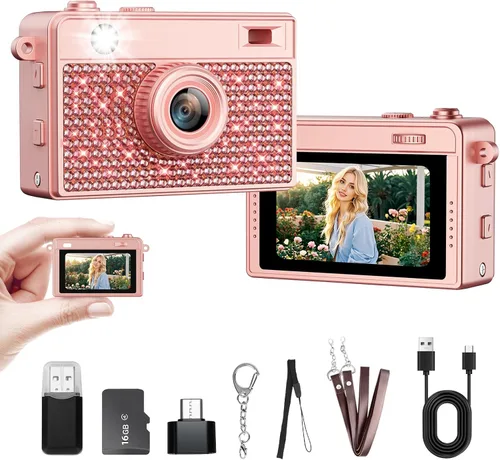 Mini cámara – Mini cámara digital 2K con tarjeta de 16 GB, batería de larga duración, vlog de viaje y sesión de fotos en cualquier momento, Oro rosa