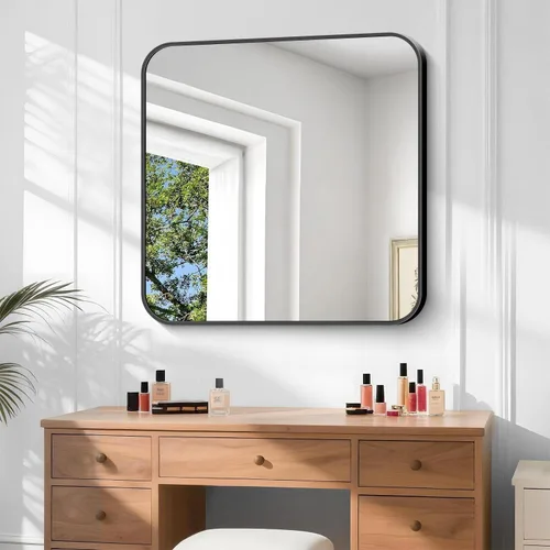 Miniatura 3 de Espejo de baño de 40 x 36 pulgadas, espejo rectangular de pared negro con marco de metal, espejo de tocador rectangular con esquinas redondeadas