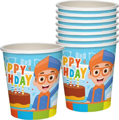 Treasures Gifted Decoraciones de cumpleaños con licencia oficial de Blippi, vasos de papel de 9 onzas, 8 unidades, suministros de fiesta Blippi,