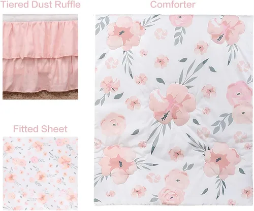 Miniatura 4 de PINNKKU Juego de ropa de cama de cuna de 3 piezas para niños y niñas, incluye falda de cuna, manta, sábana, ropa de cama de bebé, floral, tamaño mini