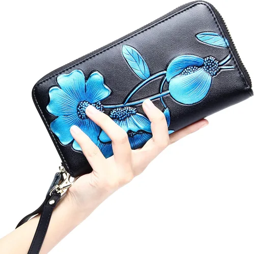 Miniatura 86 de Badiya Billetera para mujer con bloqueo RFlD de cuero con cremallera alrededor de carteras de gran capacidad