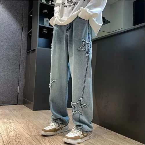 Miniatura 2 de Pantalones vaqueros Y2k para hombre, estilo hip hop, holgados, con estrellas, pantalones de mezclilla de pierna recta, pantalones deportivos