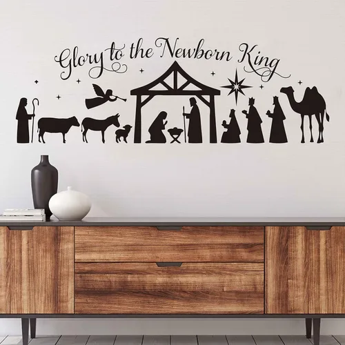 Pegatinas de pared de Feliz Navidad Gloria al Rey Recién Nacido Belén Escena DIY Navidad Decoración de vacaciones LL2421 (negro)