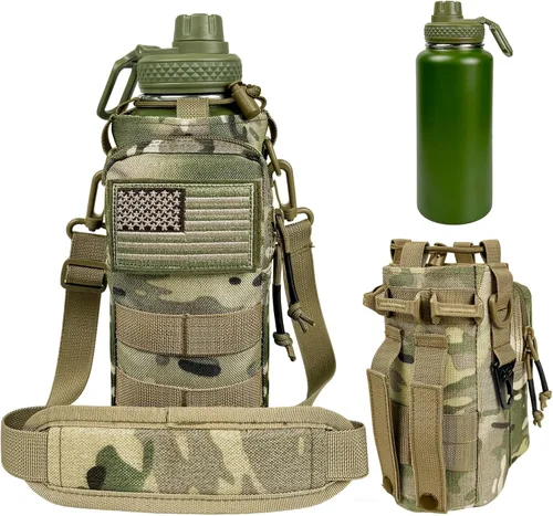 Miniatura 14 de Botella de agua aislada de 32 onzas, jarra de agua negra militar de acero inoxidable con manga, botellas de agua para gimnasio para hombres