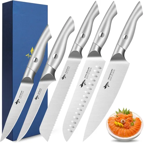 MAD SHARK Juego de cuchillos de cocina, 5 piezas de cuchillos de chef afilados, juego de cuchillos de acero inoxidable de alto carbono con mango