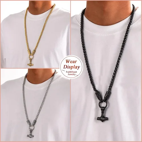 Miniatura 3 de FaithHeart Collar punk nórdico vikingo para hombre collar grueso acero inoxidable Mjolnirnudo celta cabeza de lobo colgante de amuleto joyería