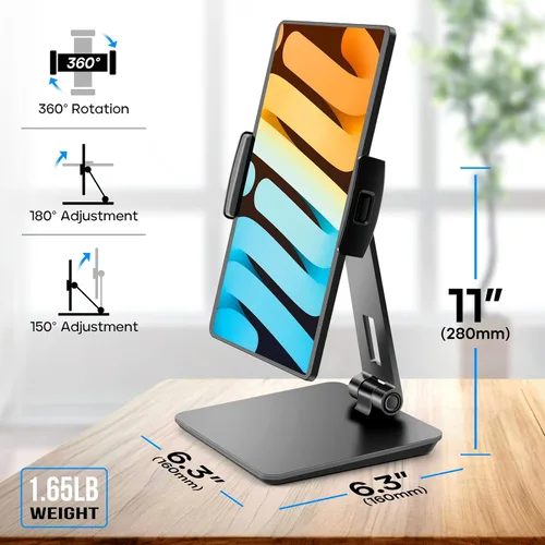 Miniatura 5 de ROADOM Soporte para tableta, soporte giratorio ajustable de 360°, abrazadera inclinable de 180°, soporte plegable para tableta de 4.7-17.3 pulgadas