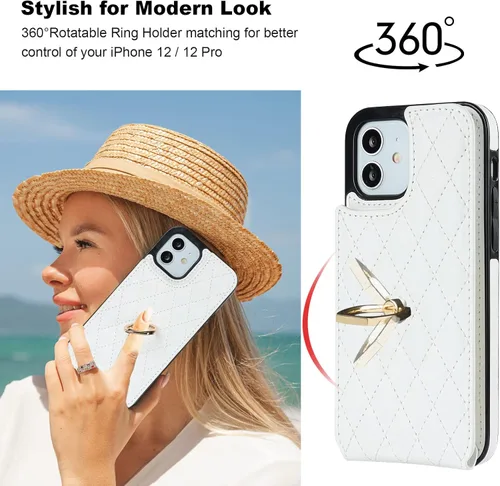 Miniatura 3 de Folosu Funda compatible con iPhone 12 iPhone 12 Pro con soporte para tarjetas, rotación de 360°, soporte de anillo de dedo con función atril, Blanco