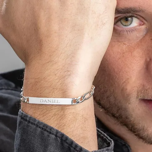 Miniatura 4 de LeCalla Personalized Customised Engraved Name Men's Figaro Chain ID Bracelet in 925 Sterling Silver Personalized Custom Birthday Christmas Fathers