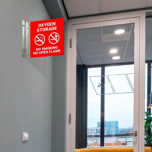 Miniatura 2 de Letrero de almacenamiento de oxígeno con texto en inglés "No Smoking No Open Flame Projecting", doble cara, 6x6 pulgadas, ACM, con accesorio