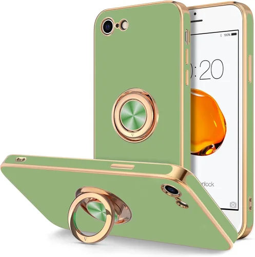 Miniatura 11 de Hython Funda para iPhone SE 2022, iPhone SE 2020, iPhone 7, iPhone 8 con soporte de anillo soporte magnético, chapado en oro rosa, TPU suave, Negro