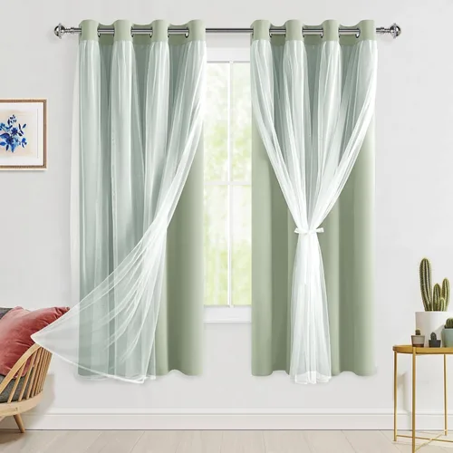 Miniatura 69 de Hiasan Cortinas opacas con superposición transparente, aislamiento térmico para mezclar y combinar de doble capa, cortinas de oscurecimiento de Beige