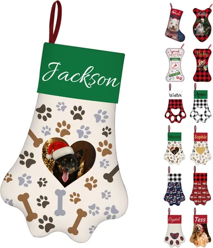 Miniatura 19 de Calcetines de Navidad personalizados con foto de nombre, medias personalizadas en forma de hueso para perros, gatos, mascotas, medias de Navidad