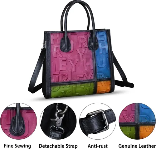 Miniatura 6 de Bolso de cuero genuino para mujer, bolso de cuero en relieve, bolso de mano con asa superior, bolso cruzado de trabajo