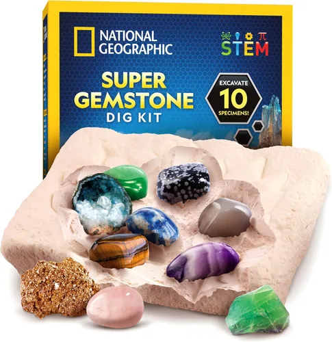 Kit de excavación de piedras preciosas de National Geographic – Excava 10 piedras preciosas y cristales reales, kit científico para niños, kit de