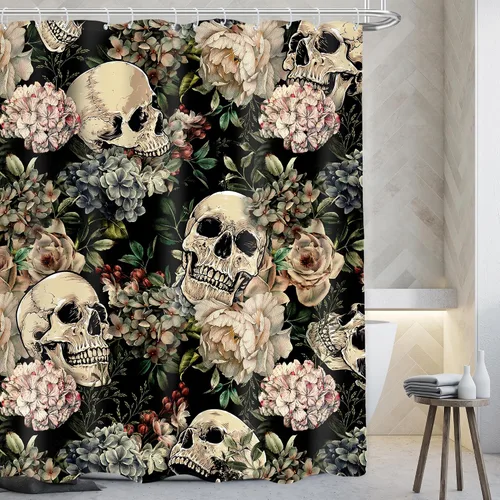 Miniatura 13 de AMBZEK Cortina de ducha con diseño floral de calavera gótica, 60 pulgadas de ancho x 72 pulgadas de largo, para hombre, esqueleto gótico