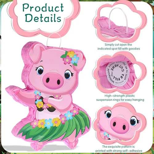 Miniatura 3 de Threan Piñata de cerdo pequeño, Aloha Luau, decoraciones de fiesta, piñata de cerdo rosa con palo para los ojos vendados, suministros de fiesta