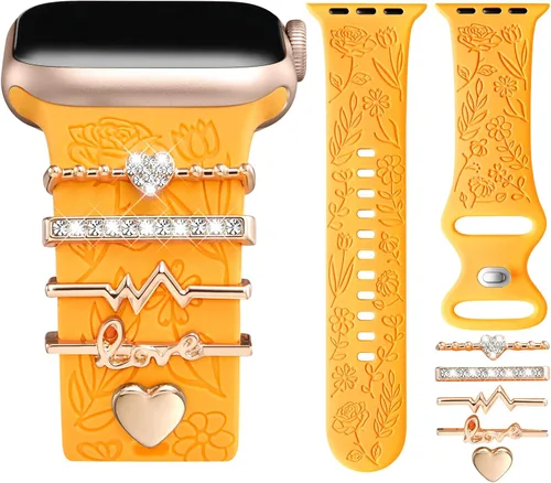 Miniatura 23 de DaQin Banda con Flor Grabada Compatible con Apple Watch, Bandas de 44mm, 42mm, 45mm, 46mm para Mujeres, Correa de Silicona Suave con Decoración