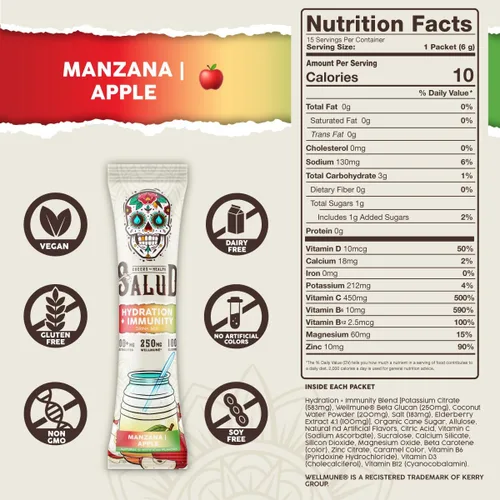 Miniatura 3 de Salud - Paquetes de hidratación 2 en 1 + electrolitos inmunes en polvo, manzana, mezcla de bebida Manzana Agua Fresca, saúco, sin lácteos y soja