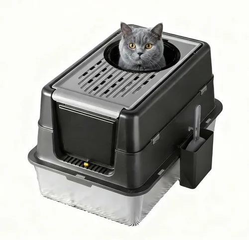Miniatura 9 de Caja de arena para gatos de acero inoxidable con tapa, caja de arena de metal cubierta cerrada con tapa abatible de 180°, caja para gatos de alta