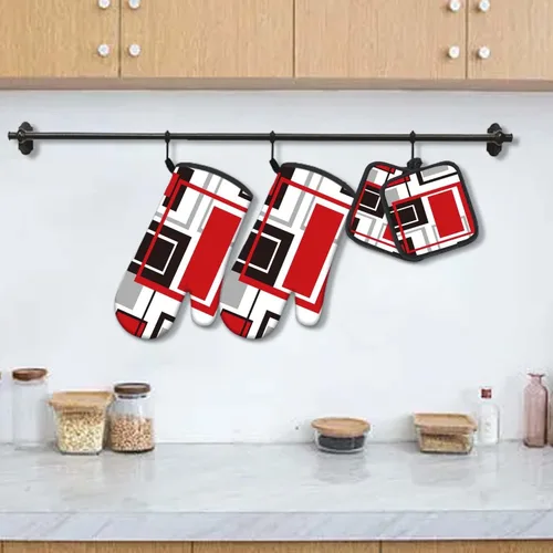 Miniatura 2 de MCALK Juego de 5 manoplas geométricas rojas para horno y soportes para ollas, guantes de horno negros y almohadillas calientes para cocina