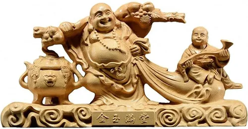 Miniatura 14 de Estatua de Buda Maitreya Maitreya tallada a mano de boj natural (ventilador de bolsa de tela)