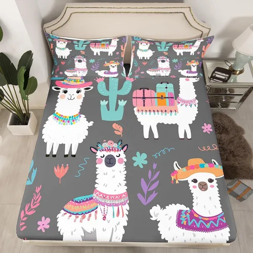 Juego de sábanas para niños, bonito juego de ropa de cama con estampado de llama de dibujos animados y alpaca, sábana bajera ajustable para niños y
