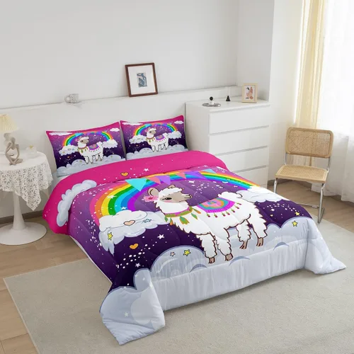 Miniatura 2 de Erosebridal Juego de edredón arcoíris para niños y niñas, bonito juego de ropa de cama de llama tamaño individual, juegos de edredón de alpaca