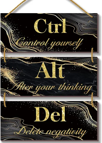 ONIZHITY 3 piezas de decoración de pared de color negro y dorado, decoración motivacional de oficina y baño con frase Ctrl Alt Del Farmhouse Letrero