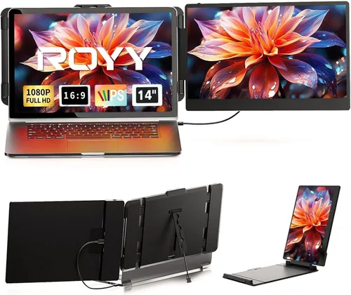 Extensor de pantalla para laptop, monitor de computadora portátil FHD 1080P IPS de 14 pulgadas para portátiles, monitor de viaje de doble pantalla