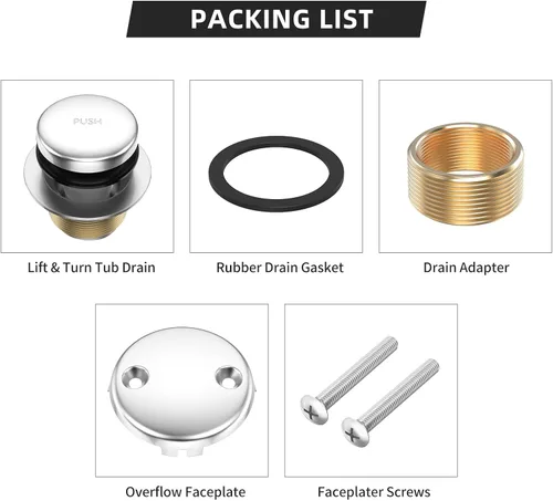 Miniatura 5 de Kit de drenaje de bañera completamente metálico Tip-Toe con placa frontal de desbordamiento de dos orificios y ensamblaje universal de rosca Chapado