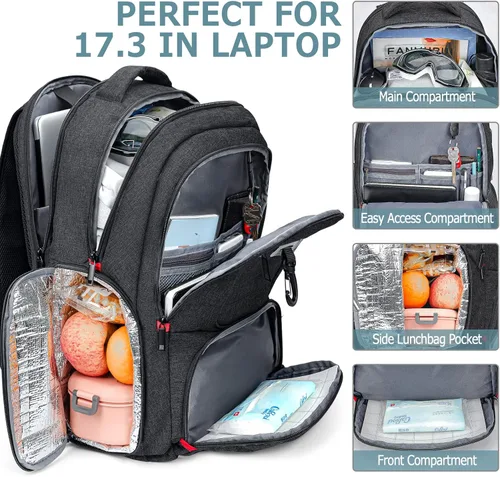 Miniatura 3 de Mochila de almuerzo, bolsa de almuerzo aislada, mochila grande de viaje de 17.3 pulgadas, mochila resistente para computadora, universidad, escuela