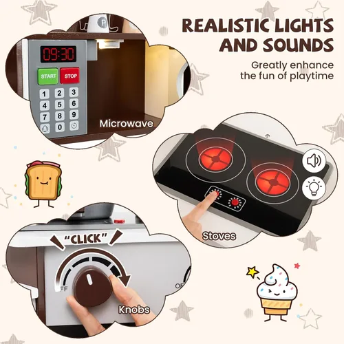 Miniatura 4 de HONEY JOY Cocina de Jugar de Esquina, Juego de Cocina de Madera para Niños Pequeños con Luces, Cafetera, Microondas, Fregadero, Grifo, Juego
