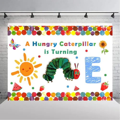Miniatura 4 de Lofaris A Hungry Caterpillar is Turning One Happy Birthday - Telón de fondo de fiesta de cumpleaños con diseño de oruga de dibujos animados, diseño
