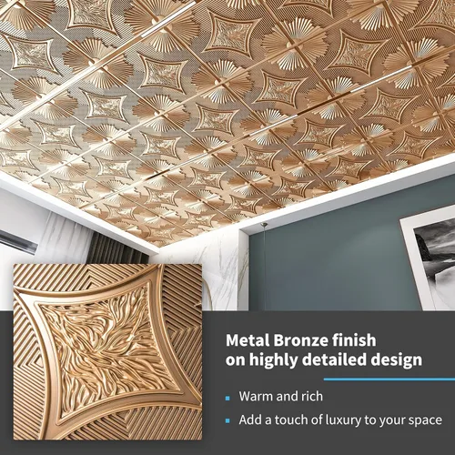 Miniatura 3 de Art3d Azulejos de techo colgantes de 24 x 24 pulgadas en bronce (paquete de 12, 48 pies cuadrados), paneles de revestimiento 3D adhesivos de 2 x 2