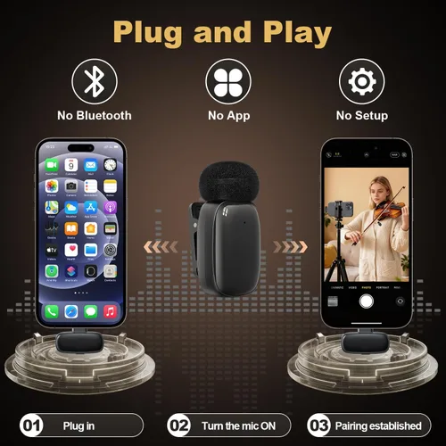 Miniatura 6 de Mini micrófono inalámbrico Lavalier para iPhone, iPad, Android, batería de larga duración de 30 horas, rango inalámbrico de 100 pies, cancelación