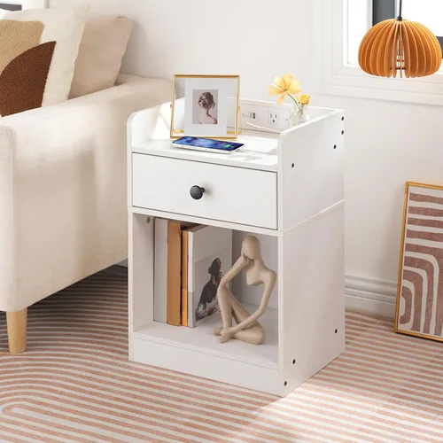 Miniatura 4 de HOOBRO Mesita de noche con estación de carga, mesa auxiliar con cajón y estante de apertura, mesita de noche con puertos USB y tomas, mesita